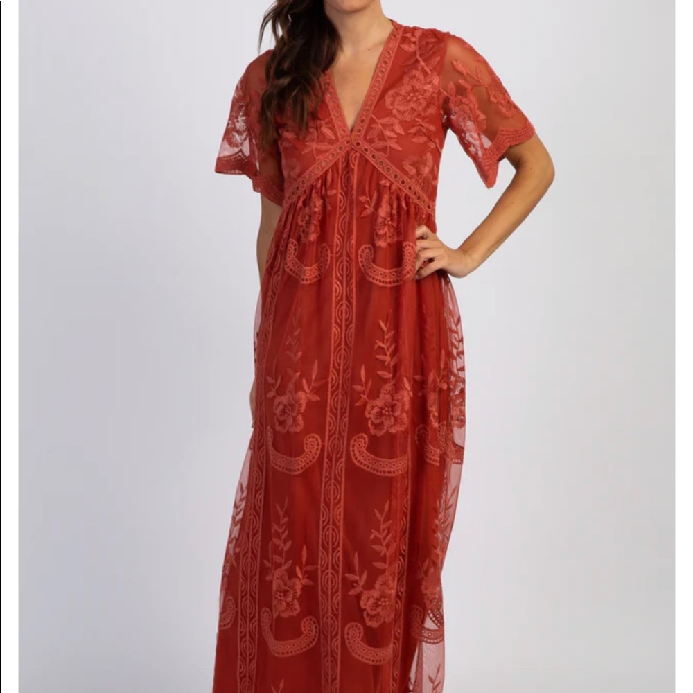 Pink Blush | PinkBlush Rust Lace Mesh Overlay Maxi Dress | Medium